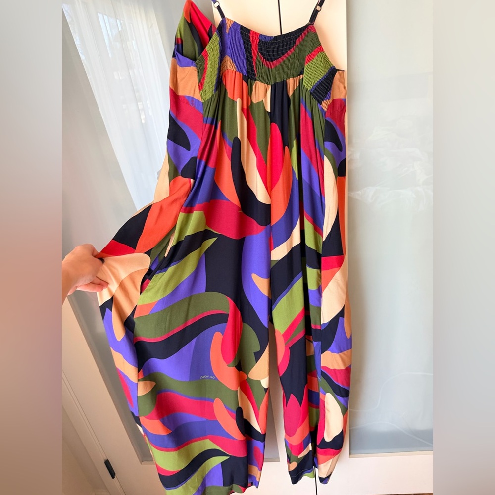 FARM Rio Tropical Abstract Wide Leg Jumpsuit Smocked Back Resort Vacation Size M - Picture 3 of 6